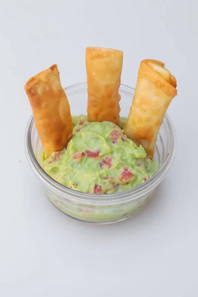 Closeup Spring Rolls Guacamole Sauce — Stock Photo, Image