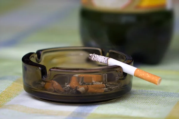 Closeup Macro Shot Burning Cigarette Ashtray Concept Smoking — Stock Photo, Image