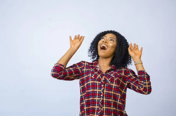 Overexcited African Female Her Hands — Stock Photo, Image