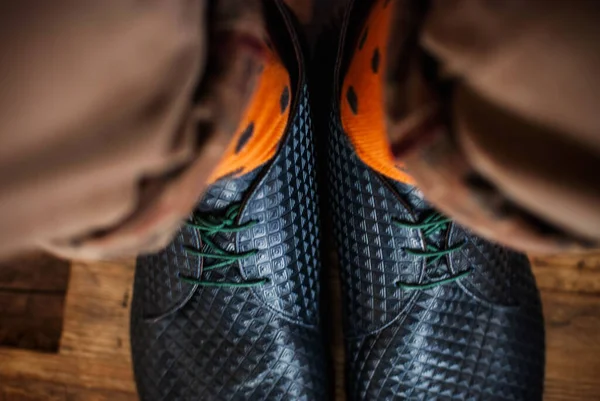 Closeup Shot Male Wearing Luxurious Shoes Colorful Socks — Stock Photo, Image