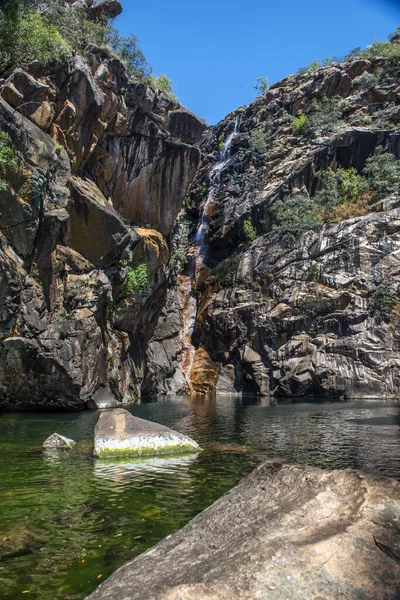 Disparo Vertical Una Cascada Río Capturado Bosque Día Soleado — Foto de Stock