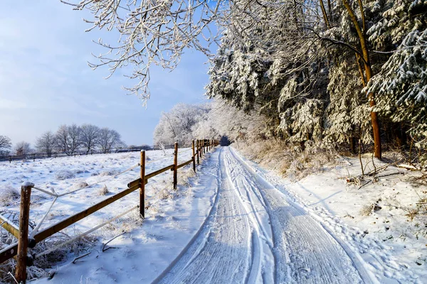 Een Prachtig Landschap Van Een Winterlandschap Met Een Houten Hek — Stockfoto