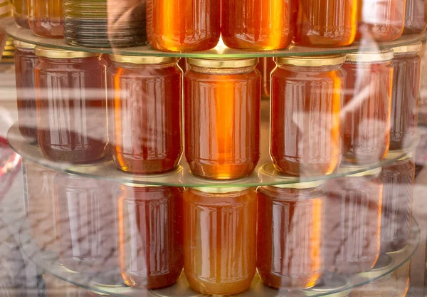Sweet Golden Honey Glass Jars Shop — Stock Photo, Image