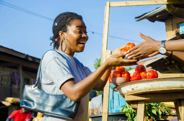 Красивая Афро Американка Покупает Овощи Рынке — стоковое фото