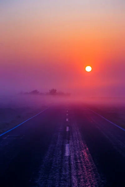 Μια Όμορφη Θέα Ενός Δρόμου Νωρίς Πρωί Ομίχλη Στην Ανατολή — Φωτογραφία Αρχείου