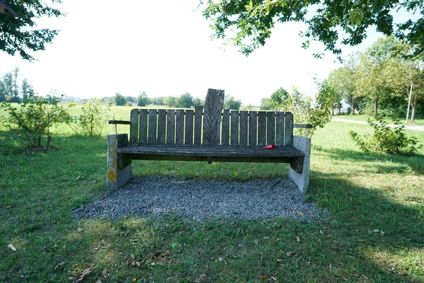 Een Houten Bank Een Park Met Groen Overdag — Stockfoto