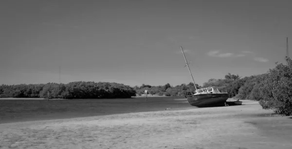砂浜でボートのグレースケールショット — ストック写真