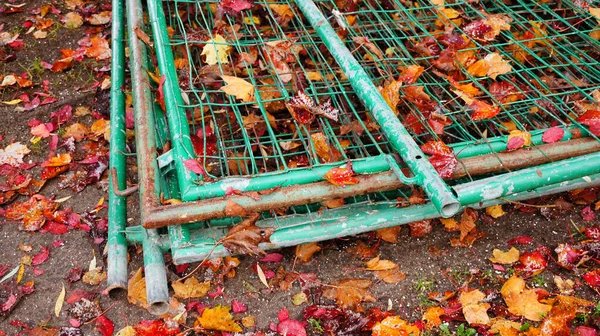 Clôture Métallique Couchée Sur Sol Recouvert Feuilles Automne — Photo