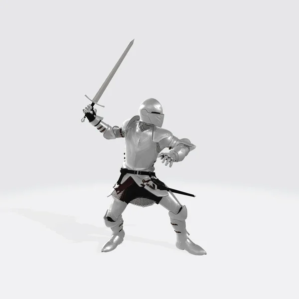 A realistic 3D rendering of a knight character with a sword and a full battle armor suit