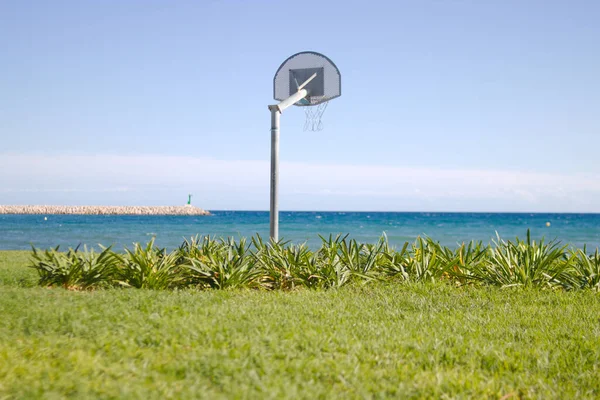 Aro Baloncesto Una Playa Cubierta Hierba Con Una Vista Mar — Foto de Stock