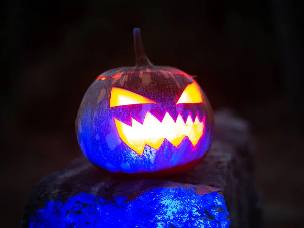 Zbliżenie Ujęcie Strasznej Dyni Rozjaśniają Wewnątrz Dla Halloween Party — Zdjęcie stockowe