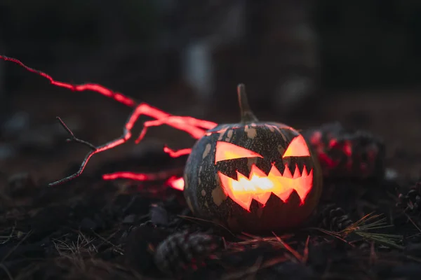 Una Calabaza Halloween Con Una Cara Miedo Hierba Seca — Foto de Stock