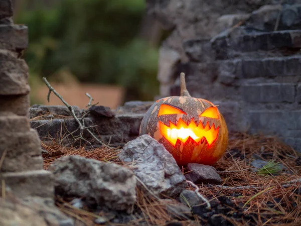 Primer Plano Una Calabaza Miedo Aligerar Desde Interior Para Una —  Fotos de Stock