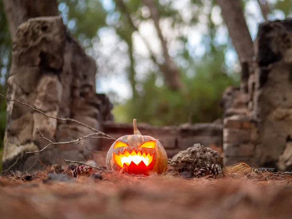 Zbliżenie Ujęcie Strasznej Dyni Rozjaśniają Wewnątrz Dla Halloween Party — Zdjęcie stockowe