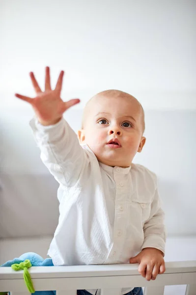 Egy Kisbaba Egy Kiságyban Felemelt Kézzel Azzal Kifejezéssel Hogy Kér — Stock Fotó