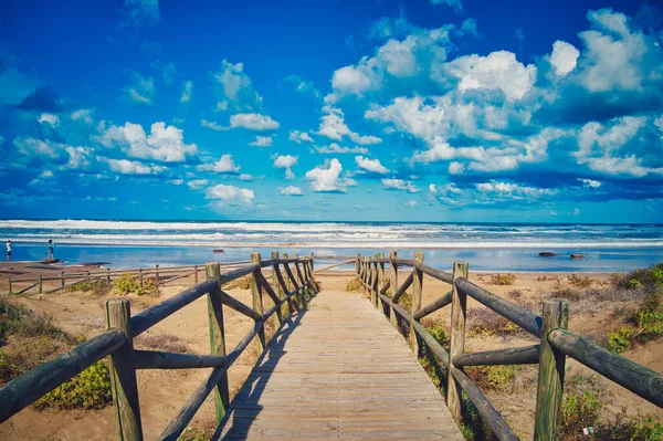 Schöne Aufnahme Einer Holzbrücke Die Zum Strand Führt — Stockfoto