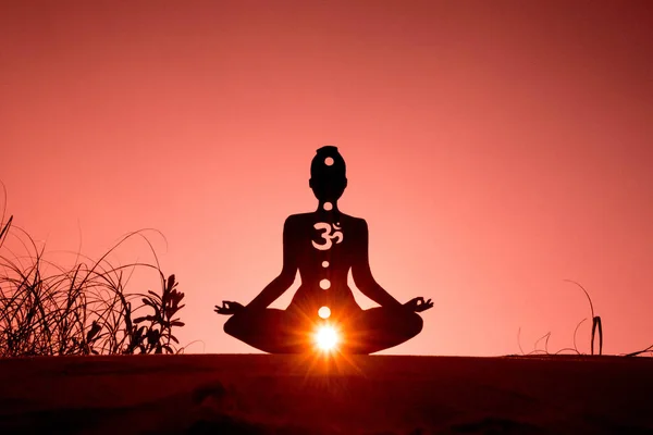 Una Silhouette Una Persona Che Yoga Con Simbolo Del Chakra — Foto Stock