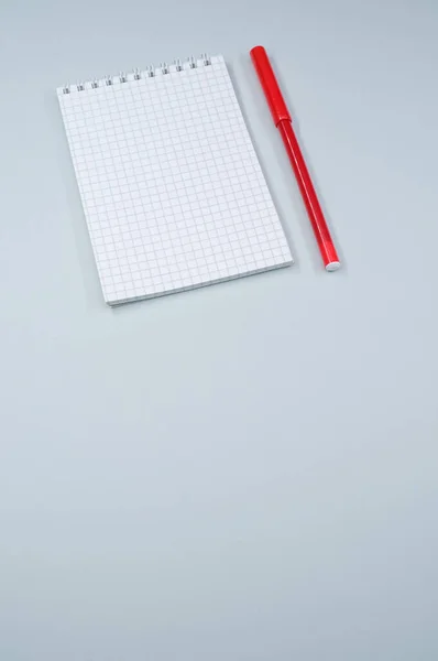 Een Raster Copybook Een Rood Potlood Een Grijze Achtergrond — Stockfoto