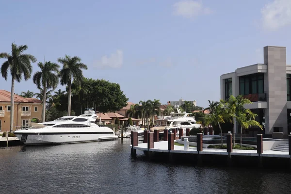 Uma Vista Fascinante Barcos Estacionados Com Palmeiras Casas Modernas Miami — Fotografia de Stock