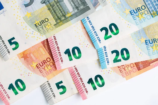 Top View Twenty Ten Five Euro Bills Isolated White Background — Stock Photo, Image