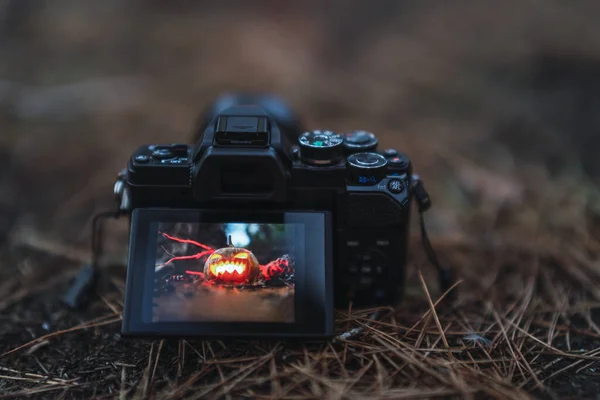 Une Caméra Sur Herbe Sèche Filmant Une Citrouille Halloween Avec — Photo