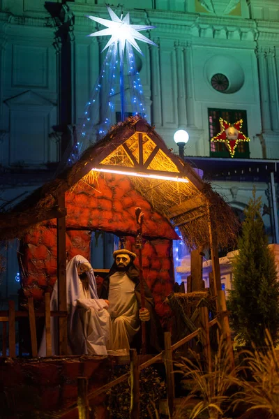 Belén Navidad Exhibición Por Noche Con Luces — Foto de Stock