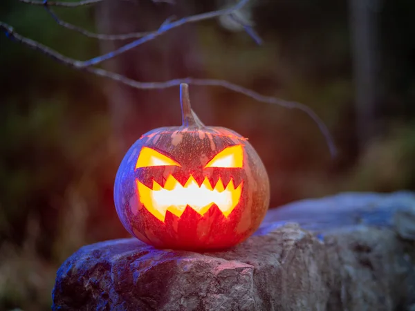 Крупный План Страшной Тыквы Светящейся Изнутри Вечеринки Хэллоуин — стоковое фото
