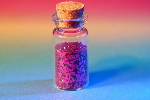 Närbild Färgat Glitter Liten Glasbehållare — Stockfoto