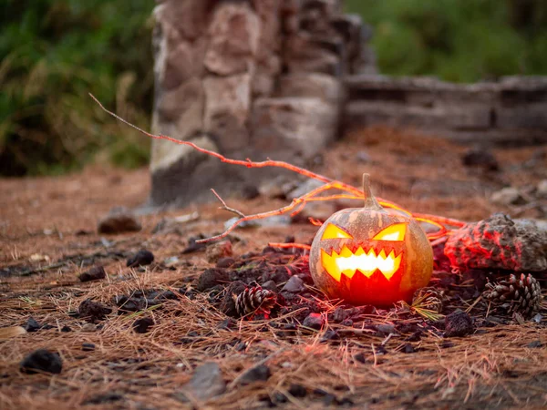 Primer Plano Una Calabaza Miedo Aligerar Desde Interior Para Una — Foto de Stock