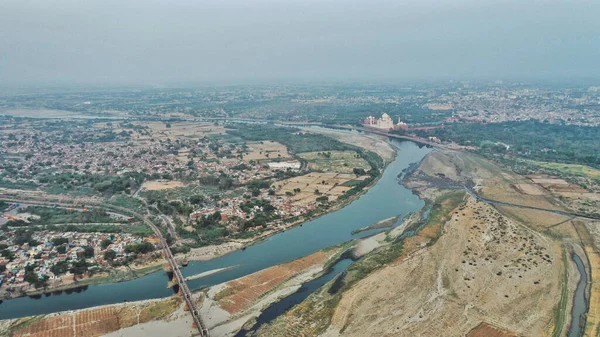 Aerial Shot Densely Populated Agra City Taj Mahal Background — 图库照片