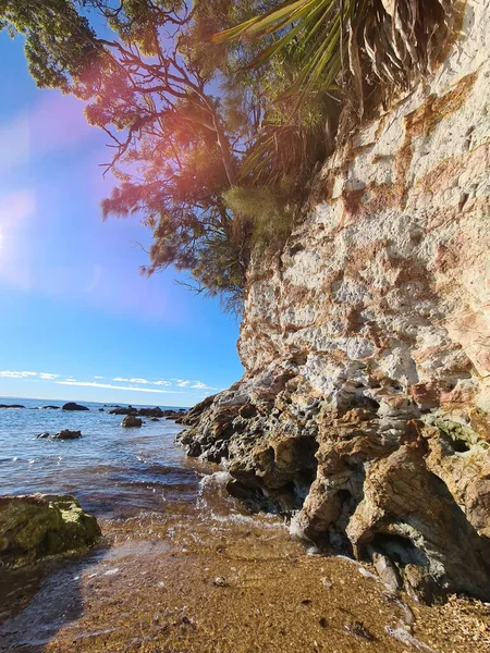 一个垂直拍摄的沙滩海岸线与覆盖着植被的巨大悬崖 — 图库照片