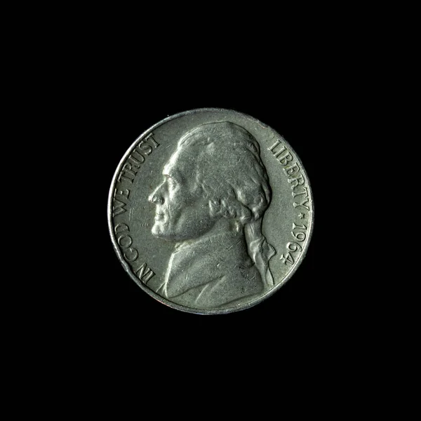 1964 Jefferson Nickel Isolerad Den Svarta Bakgrunden — Stockfoto
