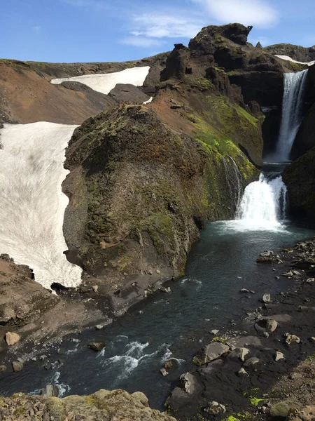 Krajina Turistické Stezce Skogafoss Islandu Vodopádem Ledovcem — Stock fotografie