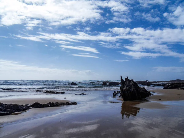 Bulutlu Gökyüzünün Altında Kumlu Bir Sahil Manzarası — Stok fotoğraf