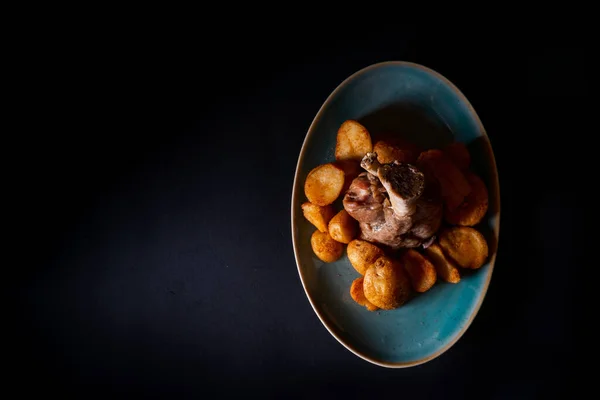 Lamb Potatoes Plate Black Background — Stock Photo, Image