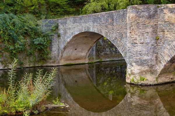 Uma Ponte Pedra Antiga Espelhando Pequeno Riacho Com Árvores Arbustos — Fotografia de Stock
