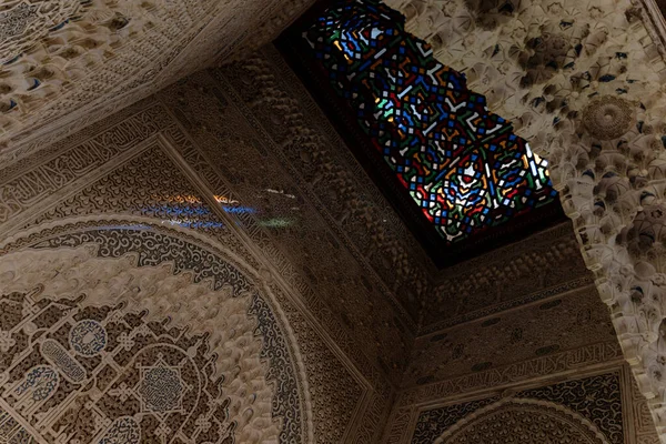 Beam Light Entering Stained Glass Window Alhambra Granada Spain — Stock Photo, Image