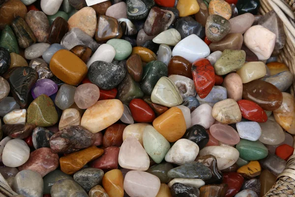 Closeup Collection Different Types Polished Pebble Stones Basket — Stock fotografie