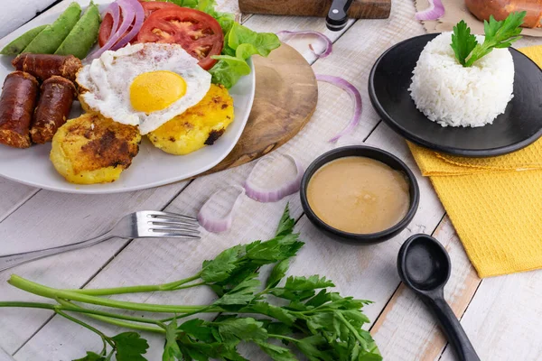 Heavy Breakfast Spread Composed Sunny Side Egg Sausages Potato Cutlets —  Fotos de Stock