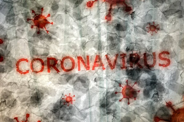 Parola Coronavirus Scritta Una Parete Rustica Intemperie Con Illustrazioni Microbo — Foto Stock