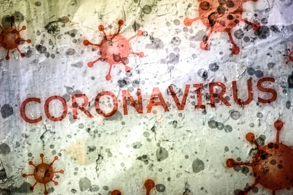 Palabra Coronavirus Escrita Una Pared Rústica Erosionada Con Ilustraciones Microbios —  Fotos de Stock
