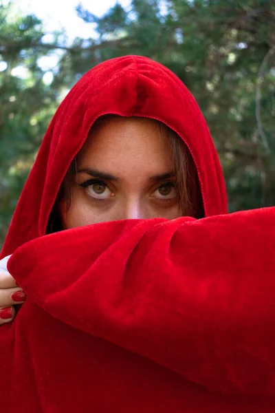 Portrait Vertical Une Jolie Fille Dans Une Capuche Rouge Photos De Stock Libres De Droits