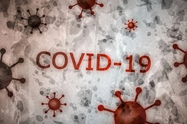 Palavra Coronavirus Escrita Uma Parede Rústica Intemperizada Com Ilustrações Micróbios — Fotografia de Stock