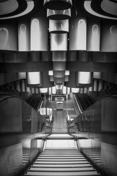 Vertical Grayscale Shot Modern Metro Station Escalators Brussels Belgium — Stock Fotó