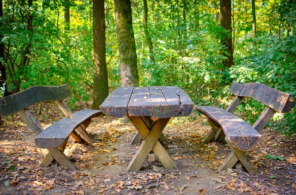 Een Betoverende Opname Van Houten Banken Met Een Tafel Het — Stockfoto