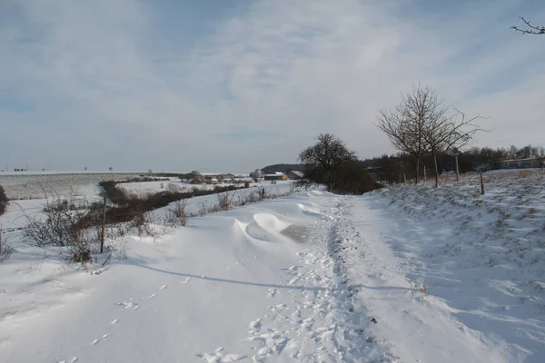 Uma Longa Estrada Coberta Neve Sob Céu Nublado — Fotografia de Stock