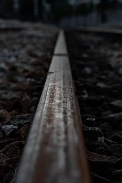 Tiro Vertical Uma Antiga Ferrovia Enferrujada Lastro — Fotografia de Stock