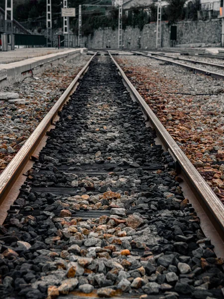 Colpo Verticale Vecchio Binario Ferroviario Arrugginito Zavorra — Foto Stock