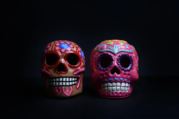 Closeup Shot Colorful Ceramic Skulls Black Background — ストック写真