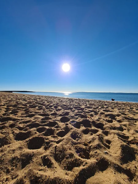 晴れた日には砂浜の海岸線と海の景色の垂直ショット — ストック写真